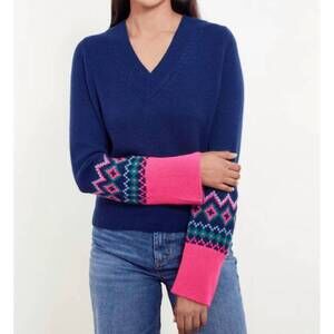 NEW &ISLA women's helena fairisle cuff v neck top in midnight multi